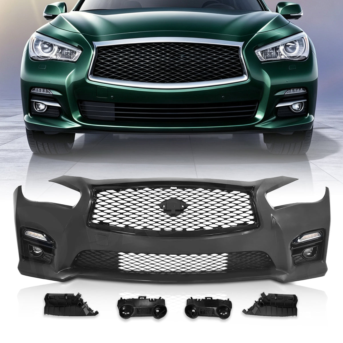 For 2014-2017 Infiniti Q50 Sport Front Bumper Cover/Bracket/Grille/Fog Light Kit