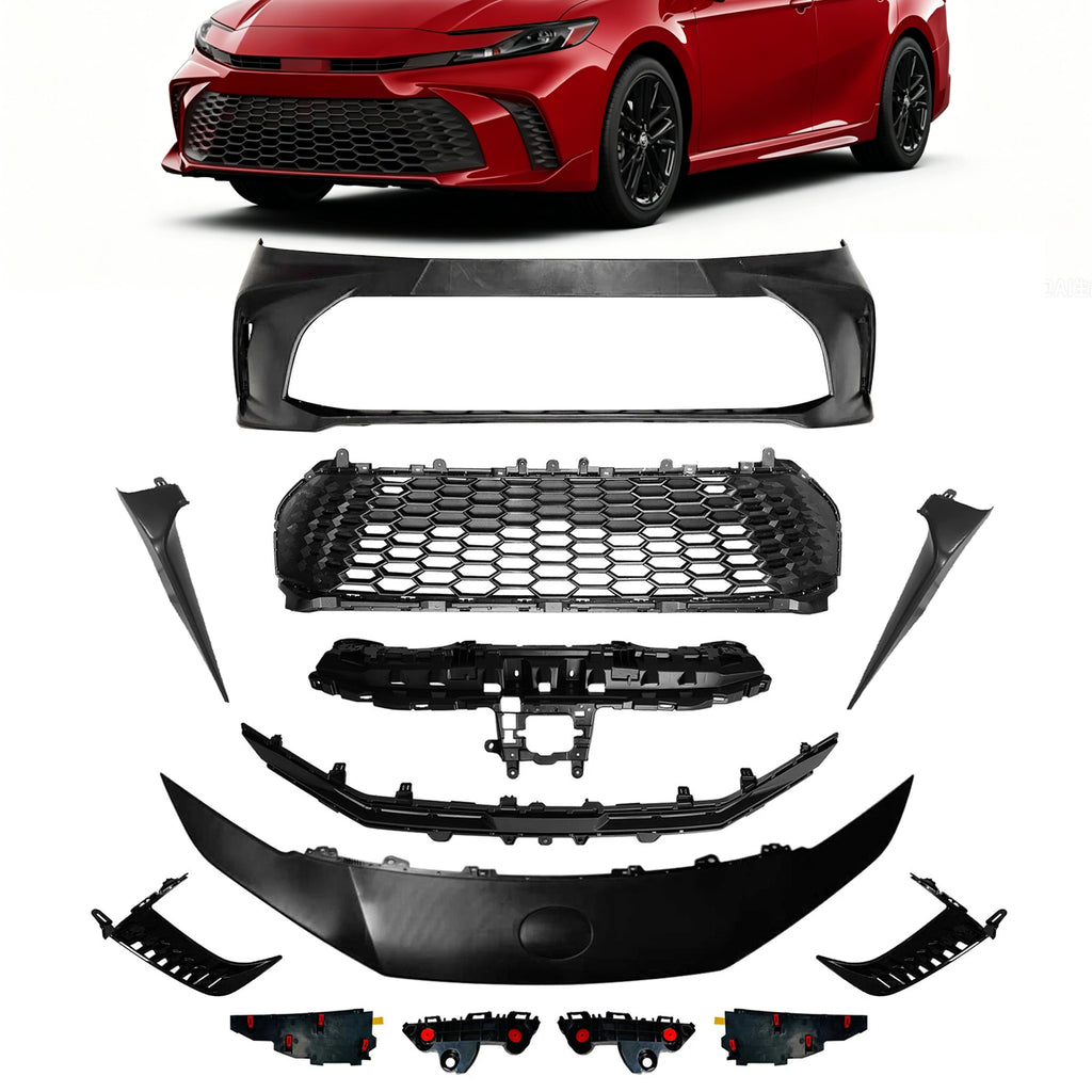 12PCS Front Bumper Grille Cover for 2025 Toyota Camry Hybrid Seda SE XSE W/Upper Filler Garnish & Inner Bracket Full Front Bumper Set Without Sensor Hole Replaces 52119AQ903, 52712AQ020